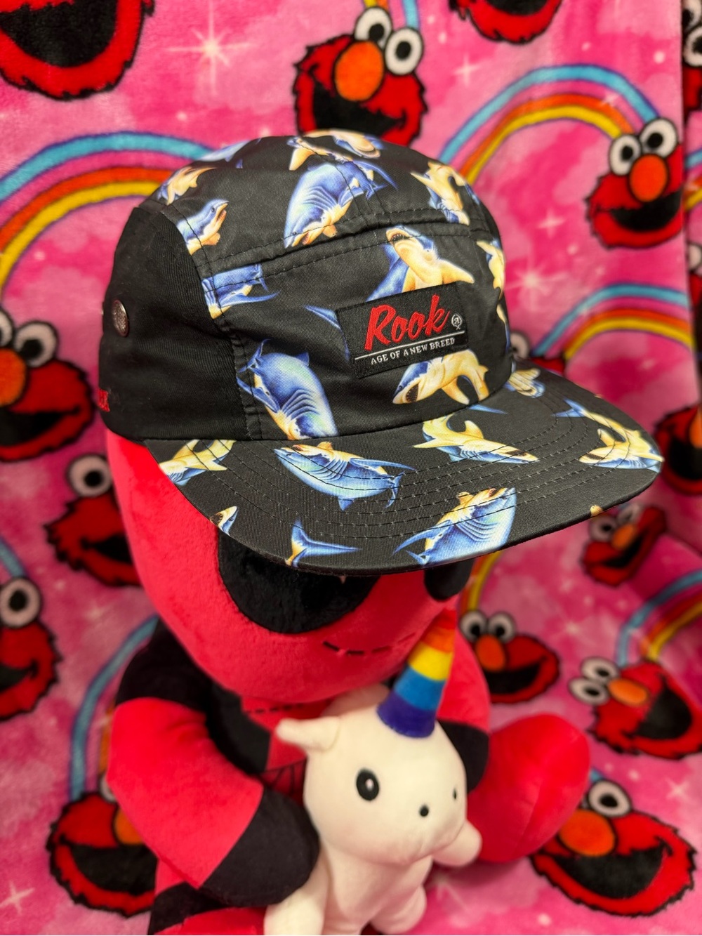 Rook Shark Print 5 Panel Strapback Hat Black Blue Snapback Streetwear Surf Skate